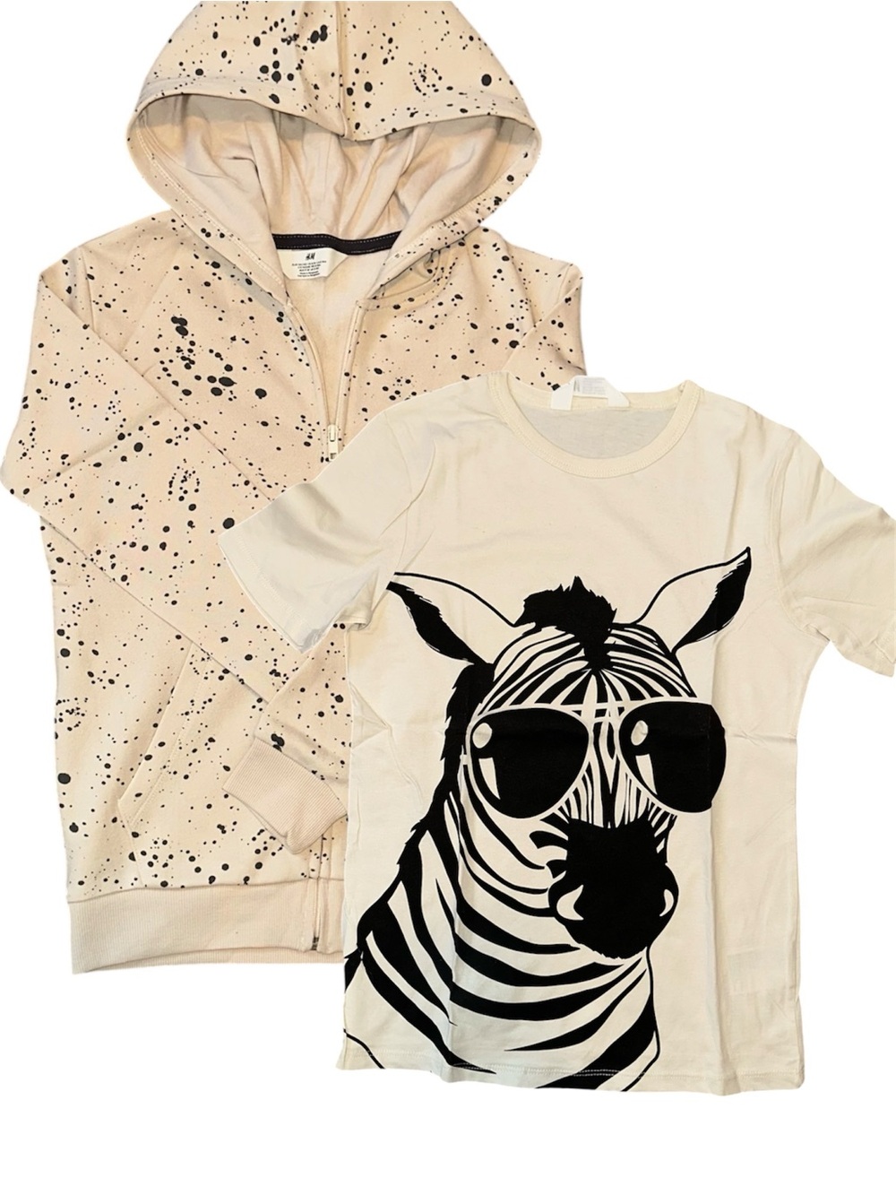 H&M Beige 2 PC Cotton Set Paint-Splatter Hoodie with Zebra T-Shirt